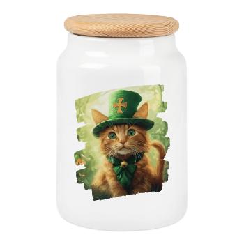 St Patrick's Day Cat - Cookie Jar with Wooden Lid - white - Front