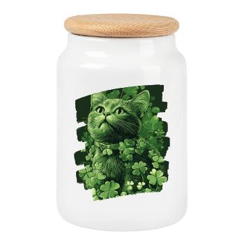 Chat de la Saint-Patrick - Boîte à biscuits avec couvercle en bois - blanc - Devant