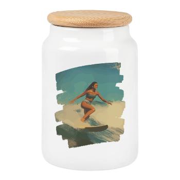 Surfeur - Boîte à biscuits avec couvercle en bois - blanc - Devant