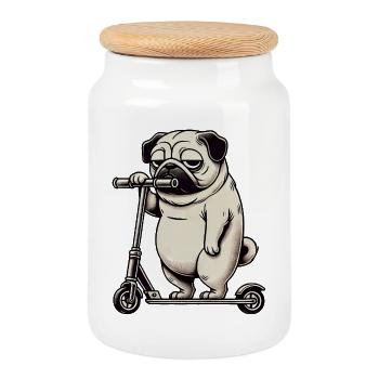 Funny Pug Scooter Scooter Kickroller Grumpy - Cookie Jar with Wooden Lid - white - Front