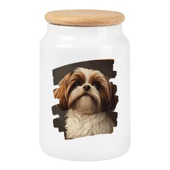 Shih Tzu - Boîte à biscuits avec couvercle en bois - blanc - Devant