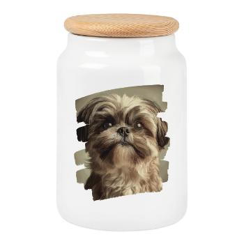 Shih Tzu - Boîte à biscuits avec couvercle en bois - blanc - Devant
