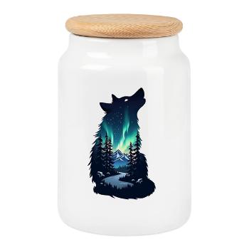 Wolf Night Northern Lights Silhouette - Cookie Jar with Wooden Lid - white - Front
