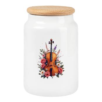 Elegante Violine mit Blumendekor - Keksdose mit Holzdeckel - Weiß - Vorne