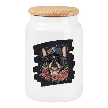 Bouledogue français Frenchie - Boîte à biscuits avec couvercle en bois - blanc - Devant