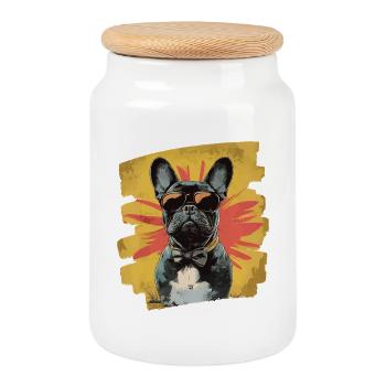 Bouledogue français Frenchie - Boîte à biscuits avec couvercle en bois - blanc - Devant