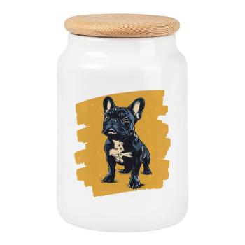 Bouledogue français Frenchie - Boîte à biscuits avec couvercle en bois - blanc - Devant