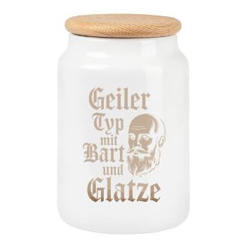 guy with beard & bald head beard wearer - Cookie Jar with Wooden Lid - white - Front