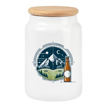 Nachtliche Bergkulisse mit Bierflasche - Keksdose mit Holzdeckel - Weiß - Vorne