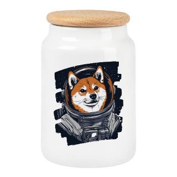 Shiba Inu Astronaut - Keksdose mit Holzdeckel - Weiß - Vorne