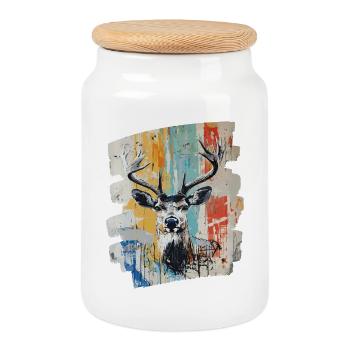 Deer with antlers - Cookie Jar with Wooden Lid - white - Front