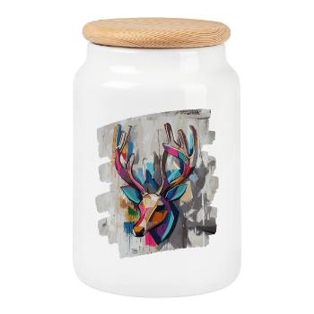 Deer with antlers - Cookie Jar with Wooden Lid - white - Front