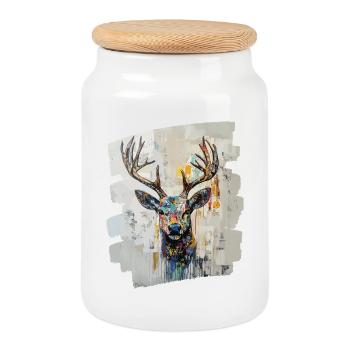 Deer with antlers - Cookie Jar with Wooden Lid - white - Front