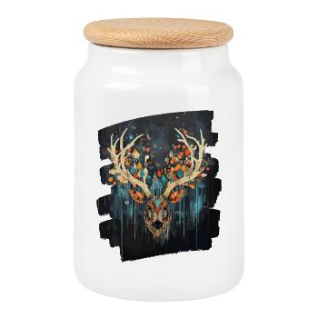 Deer with antlers - Cookie Jar with Wooden Lid - white - Front