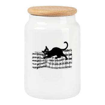 Playful Cat On Music Sheet Notes - Cookie Jar with Wooden Lid - white - Front