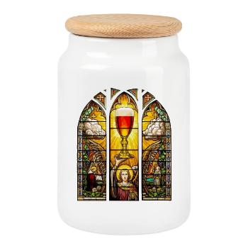 Verre à bière Graal - Vitrail d’église Fête des pères - Boîte à biscuits avec couvercle en bois - blanc - Devant
