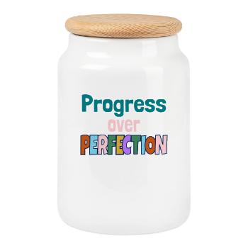 Progress Over Perfection Motivational Quote - Cookie Jar with Wooden Lid - white - Front