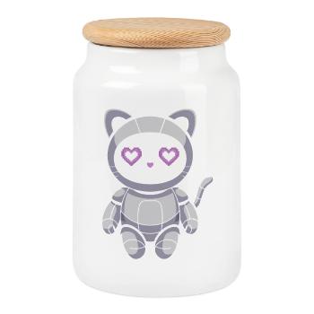 Robot chat câlin avec des yeux en cœur - Boîte à biscuits avec couvercle en bois - blanc - Devant