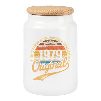 Retro Vintage born in 1979 Vintage 1979 - Cookie Jar with Wooden Lid - white - Front