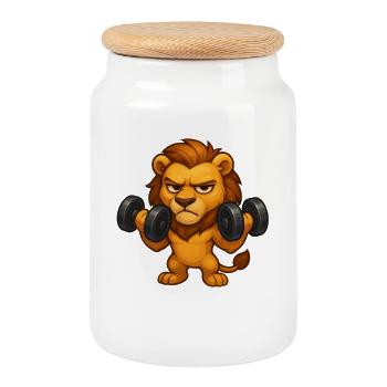 Grumpy Lion Fitness Dumbbell Biceps Workout - Cookie Jar with Wooden Lid - white - Front