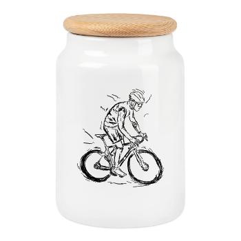 Funny Cyclist Sketch - Cookie Jar with Wooden Lid - white - Front