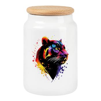 Panther Leopard Big Cat Cute Big Cat Panter - Cookie Jar with Wooden Lid - white - Front