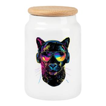 Panther Leopard Big Cat Cute Big Cat Panter - Cookie Jar with Wooden Lid - white - Front