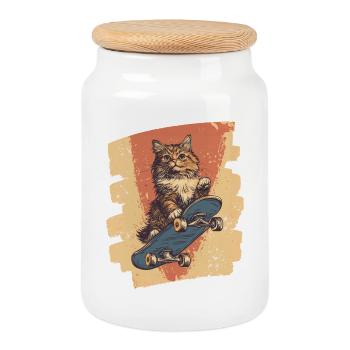 Chat de planche à roulettes - Boîte à biscuits avec couvercle en bois - blanc - Devant