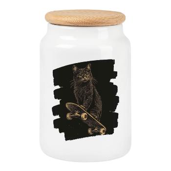 Katze auf Skateboard Skate - Keksdose mit Holzdeckel - Weiß - Vorne