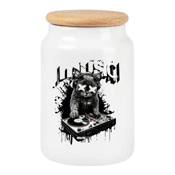 Musik Katze DJ Party Turntables Fun - Keksdose mit Holzdeckel - Weiß - Vorne