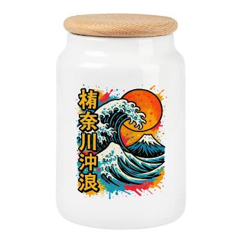 Large Wave Kanagawa Color Splash Hokusai Art - Cookie Jar with Wooden Lid - white - Front