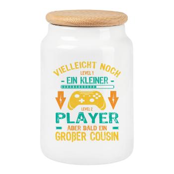 Only child complete I'll soon be a Big Cousin - Cookie Jar with Wooden Lid - white - Front