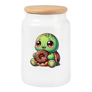 Cute turtle with donut cartoon snacking - Cookie Jar with Wooden Lid - white - Front
