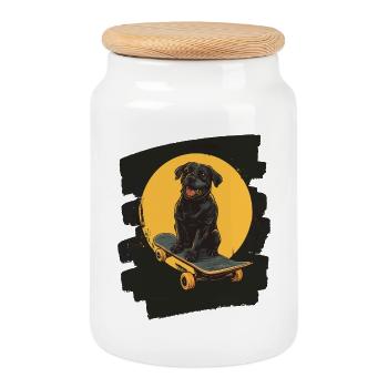 Chien Labrador sur planche à roulettes - Boîte à biscuits avec couvercle en bois - blanc - Devant