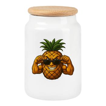 Cooler Ananas mit Sonnenbrille Muskel Bizeps  - Keksdose mit Holzdeckel - Weiß - Vorne