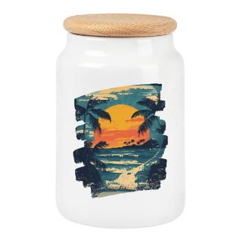 Plage Palmiers Coucher de soleil Été - Boîte à biscuits avec couvercle en bois - blanc - Devant