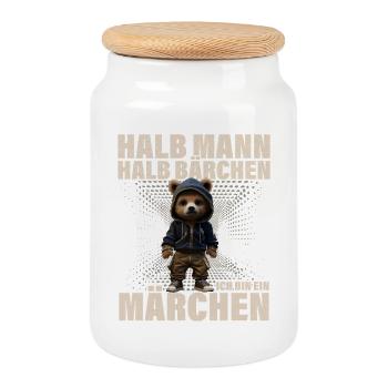 Halb Mann Halb Bärchen Märchen Lustiger Spruch - Keksdose mit Holzdeckel - Weiß - Vorne
