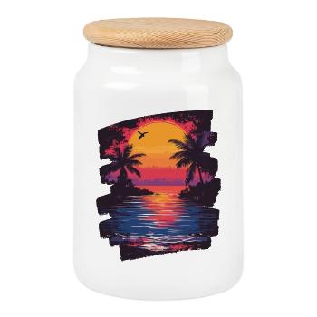 Plage Palmiers Coucher de soleil Été - Boîte à biscuits avec couvercle en bois - blanc - Devant