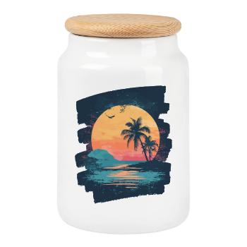 Plage Palmiers Coucher de soleil Été - Boîte à biscuits avec couvercle en bois - blanc - Devant