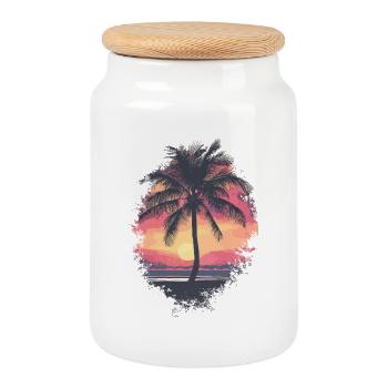 Palm Tree Sunset Summer - Cookie Jar with Wooden Lid - white - Front