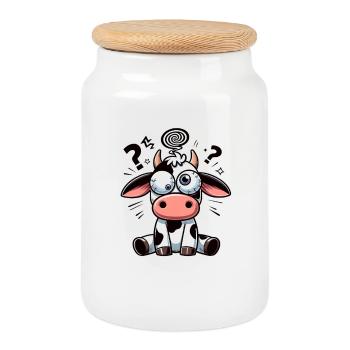 Funny Confused Cow Cartoon Clumsy Googly Eyes - Cookie Jar with Wooden Lid - white - Front