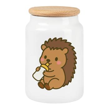 Hérisson avec bouteille de lait - Boîte à biscuits avec couvercle en bois - blanc - Devant
