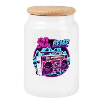 90s - Neon Boombox Retro Music Style - Cookie Jar with Wooden Lid - white - Front