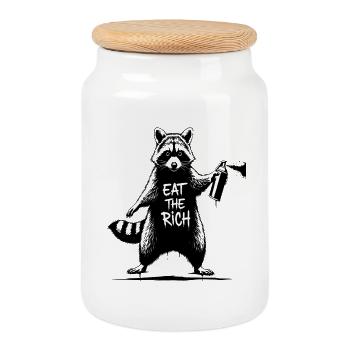 EAT THE RICH - Raccoon Sprayer Street Art - Cookie Jar with Wooden Lid - white - Front