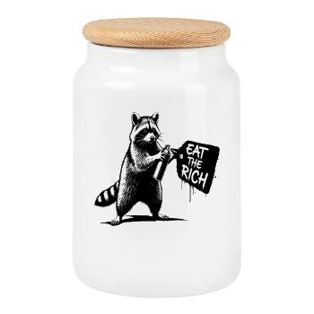 Raccoon Sprayer - EAT THE RICH - Cookie Jar with Wooden Lid - white - Front