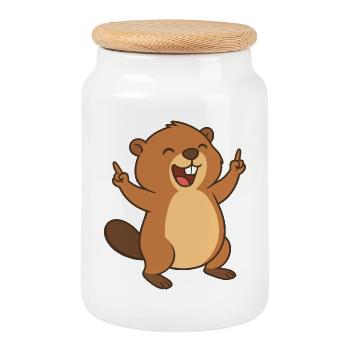 Happy beaver fun - Cookie Jar with Wooden Lid - white - Front