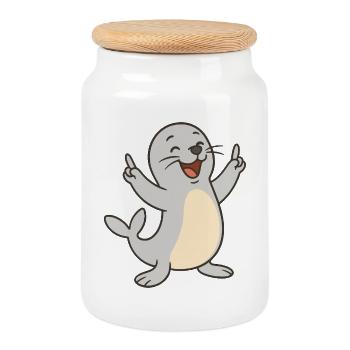 Cheerful seal - Cookie Jar with Wooden Lid - white - Front