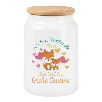 Ich bin vielleicht klein aber bald Große Cousine - Keksdose mit Holzdeckel - Weiß - Vorne