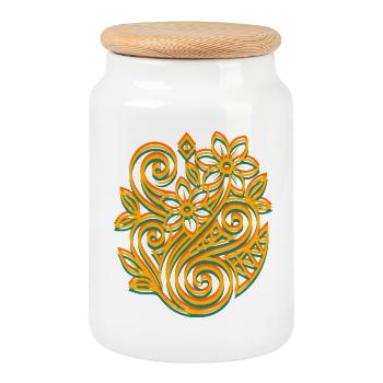 Style Kirituhi – Motif floral tribal au look rétro - Boîte à biscuits avec couvercle en bois - blanc - Devant