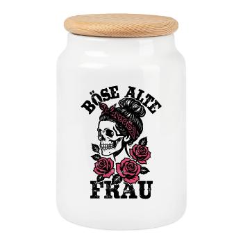 Böse alte Frau - Totenkopf - Rosen - Spruch - Keksdose mit Holzdeckel - Weiß - Vorne